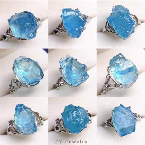 Top Natural Ocean Blue Aquamarine Stone Ring For Woman Lady Man Gift Crystal Beads Silver Gemstone Adjustable Ring Jewelry AAAAA