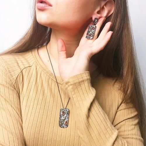 Cool Long shape Vintage Pendant Earrings Sets for Women Red CZ Stones Suspension 2 pcs set Necklace Sets Jewelry