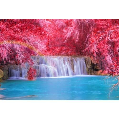 Laeacco Waterfall River Tree Red Leaves River Scenic Photography Backgrounds Customized Photographic Backdrops For Photo Studio