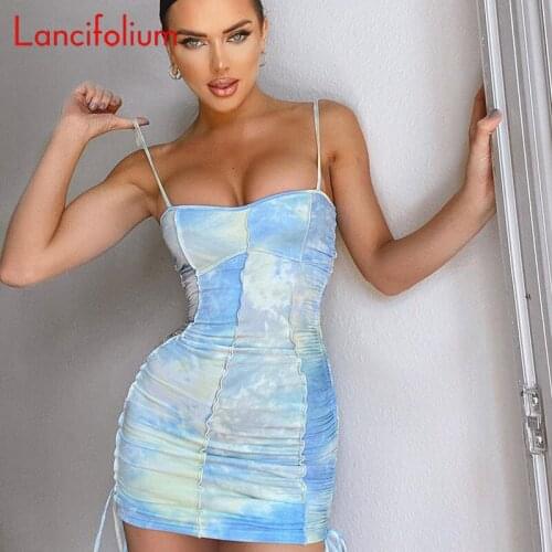 Summer Y2k Sexy Sundress Tie Dye Corset Cami Dress Pencil Bodycon Ruched Stitch Party Vintage Casual Black Mini Dress Women 2021