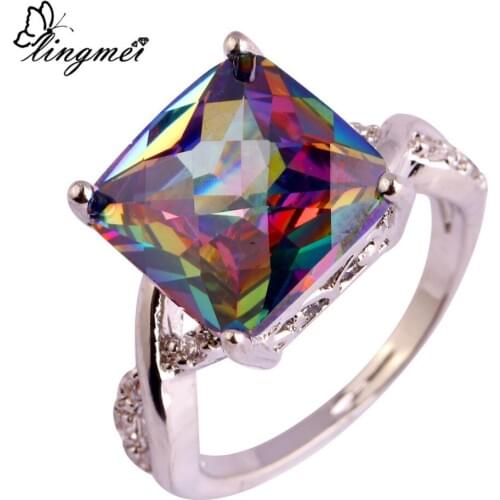 Lingmei Mystic Rainbow White CZSilver ColorRing Size 6-9 10 Fashion Jewelry Women Men Rings Free Shipping Wholesale