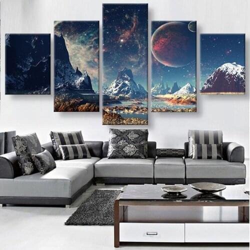 Canvas Wall Art 5 Piece Mountains And Space Planet Snow Lake Galaxy Landscape Home Decor Modern Living Room Decoration Painting