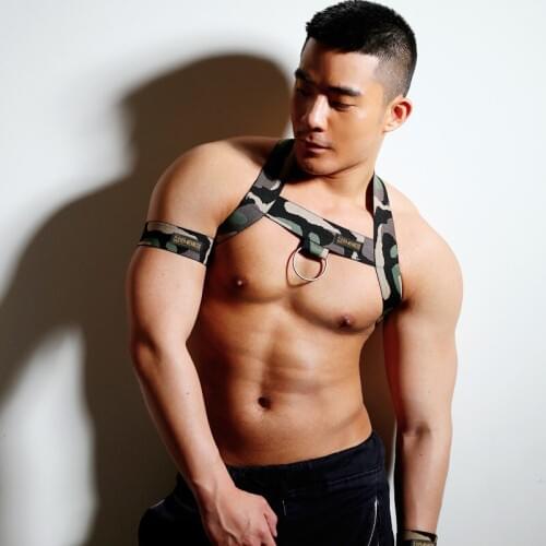 New Style Men Camouflage Halter Chest Harness Fetish Bondage Sexy Clubwear Shoulder Lingerie Elastic Strap With 2 Bands