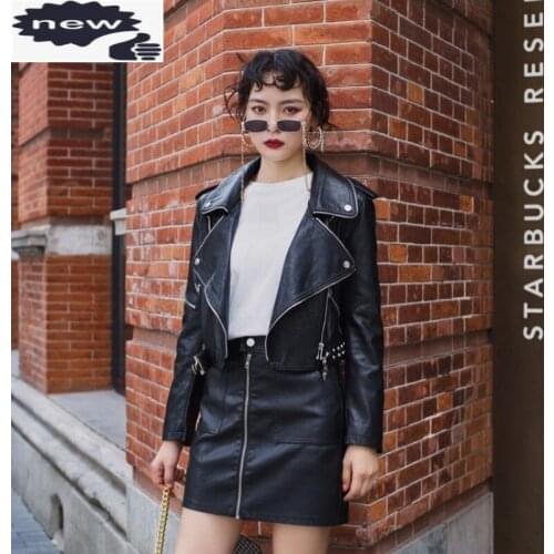 Office Lady Pu Leather Jackets Zipper Rivets Biker Coat Female Streetwear Slim Short Long Sleeve Motorcycle Outerwear S-L