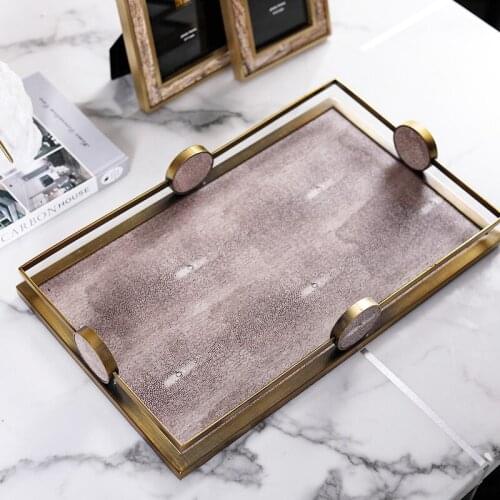 Modern Light Luxury Devil Fish Skin Leather Tray Model Room Soft Decorations Ornaments Living Room Desktop Metal Storage