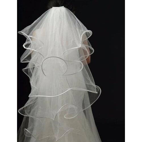 JIERUIZE 2020 Simple Wedding Veil Bridal Tulle Veils with Comb Ribbon Edge White Ivory