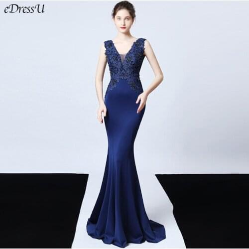 Embroidery Evening Dress Dark Blue Elegant Long Dress Vestido de Fiesta Mermaid Evening Party Dress Formal Prom Dress YNY-16271