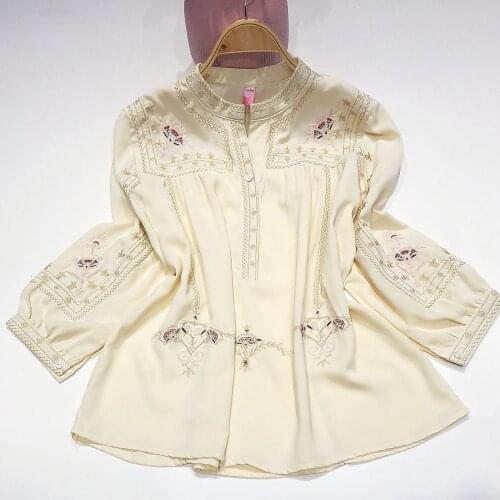 Embroidered Casual Shirt National Style Seven-point Sleeve Loose Top Woman T-shirts Harajuku Tee Plus Size