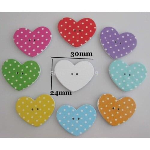 WB0316 24mm*30mm Heart buttons Dots printed wood button 100pcs mixed randomly decorative accessories