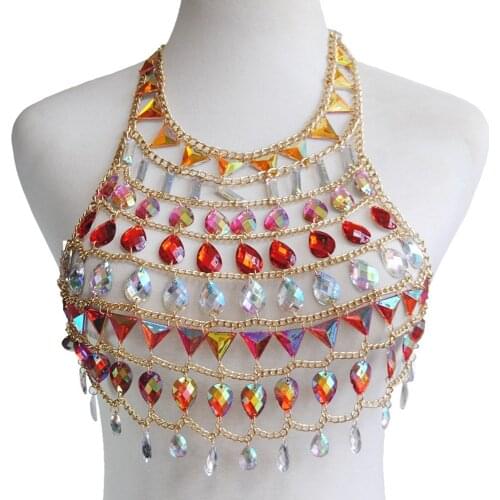 AB Crystal Chain Tops Women Beaded Bikini Wear Gold Chain Bra Women Cropped Nightclub Party Festival Wear Burning Man Jewelry