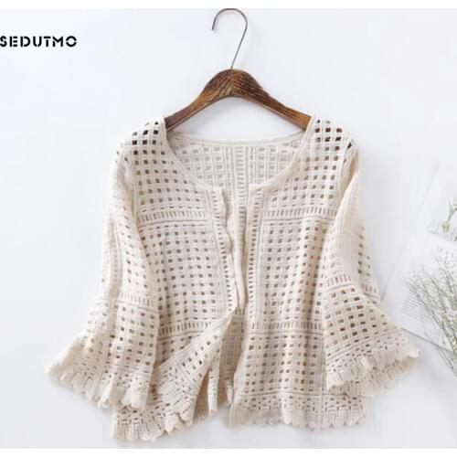SEDUTMO 2018 Summer Lace Cardigan Blouse Women Knitted Tunic White Kimono Blouses Autumn Boho Tops Plus Size Beach Shirt ED235