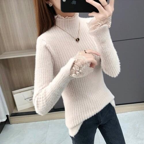 2021 Mock Neck Faux Mink Lace Slim Pullover Long Sleeve Top Autumn Winter Femme Chandails Thicken Cute Warm Clothing Sueters New