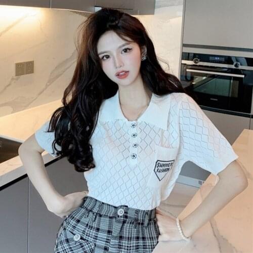 Womens Sweater Pullovers Jumper Short Sleeve Knit Top Summer 2021 Korean Fashion Hollow Out Turn Down Collar Knitted Sweater