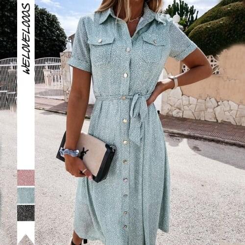 Summer Casual Floral Print Dress Women Elegant Single Breasted Belt Short Sleeve Shirt Dress Female Boho Midi Beach Dresses 2021