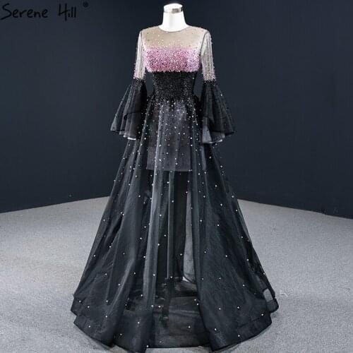 Serene Hill Black A-Line Long Flare Sleeves Evening Dress 2020 O-Neck Beading Lace Up Sexy Formal Party Wear Gown CHM67155