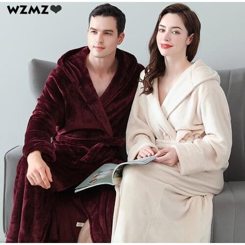 Winter Thicken Lengthen Warm Robes for Women Double Layers Flannel Hooded Robe Bathrobe Bride Couples Coral Fleece Night Dress
