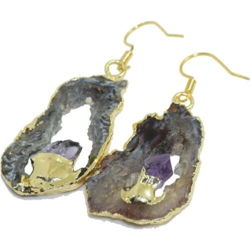 1pc Fashion Jewelry Gold Bezel Raw Geode crystal quartz stone druzy earrings for girl rough slice dangle women earrings for gift