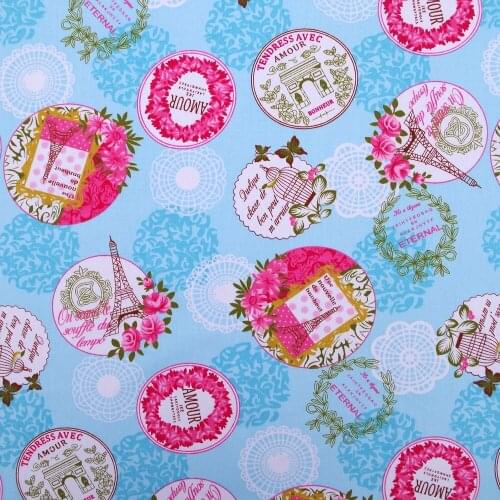 1 yard Cotton Twill Fabric for sewing pathwork, dress, cloth, bedding - Tower, Mirror and flower (width=160cm,170g)