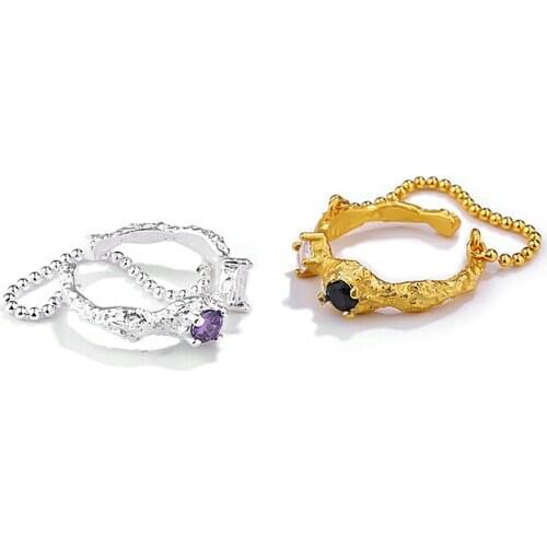 18k gold 100% real. 925 Sterling Silver Fine jewelry Amethyst Gems CZ Double Rows Irregular Texture &Beads Chain Ring C-F2108130