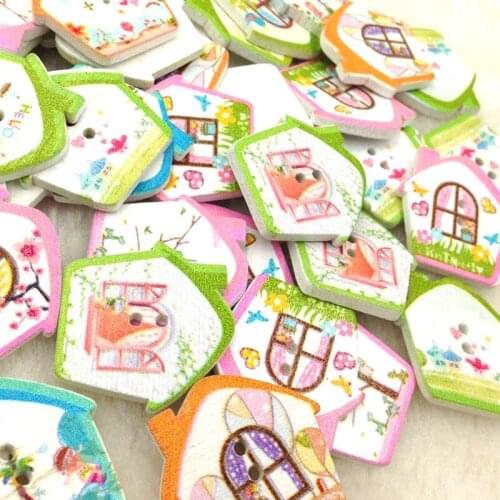 50pcs 25x25mm Mixed House Wooden Buttons For Clothes Needlework Scrapbooking Crafts Diy Sewing Accessories Wood Decoration WB244