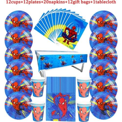 57Pcs/Lot Disposable Tableware New Style Spiderman Kids Birthday Party Paper Plate+Cup+Napkin+Candy GiftBags+Tablecloth Supplies