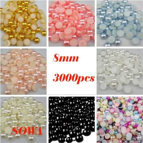 Free Shipping 3000pcs/lot Size 8mm Half Round ABS Imitation Pearl Bead Flat Back Scrapbook for Craft Pick colors