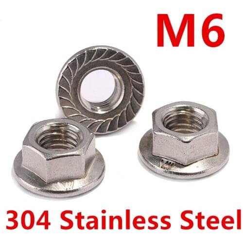 Free shipping 50 pieces Metric M6 304 Stainless Steel Hex Head Serrated Spinlock Flange Nuts