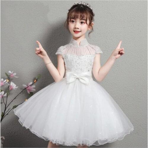 Glitz White Lace Flower Girl Dresses Pageant First Communion Dress For Little Girl Kids Wedding Dress Pearls Birthday Party Gown
