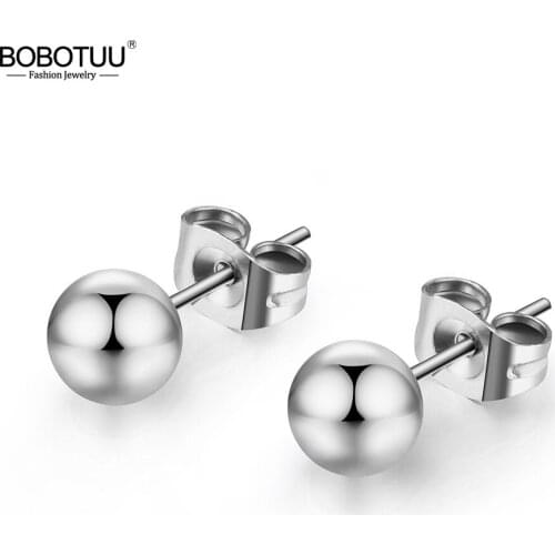 BOBOTUU Rose Gold Titanium Steel Glossy Ball Stud Earrings 10/8/6/mm Round Beads Anniversary Earrings Jewelry For Women BE18115
