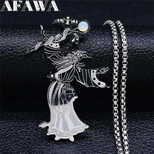 Witchcraft Wizard Snake Crystal Ball Scepter Moonstone Stainless Steel Chain Necklace Women/Men Silver Jewelry collares N2207S02
