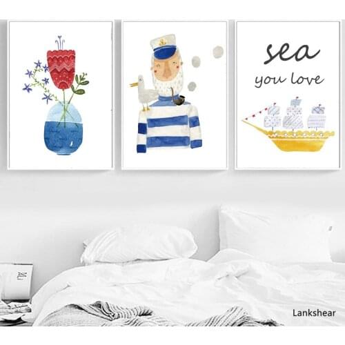 Nursery Watercolor Cartoon Flower Sailing Boat Sailor Wall Art Canvas Painting Nordic Posters And Prints Wall Pictures For Kids