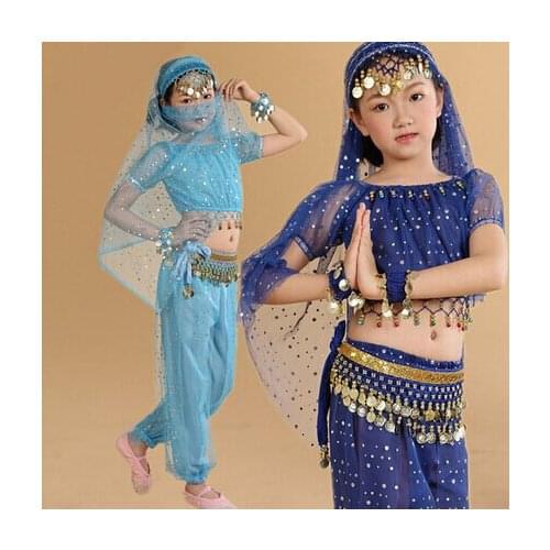 DJGRSTER 6Colors Kids Belly Dance Costume Set Girl Bellydance Costumes Bracelets Bollywood Indian Dancing Girls Dance WearS-L