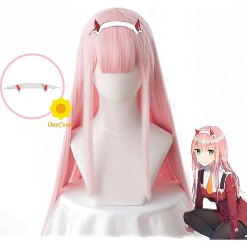 Anime DARLING in the FRANXX 02 ZERO TWO Cosplay Long Pink Straight Wig Hairpin Heat-resistant Fiber Hair + Wig Cap Party Girls
