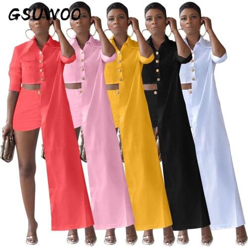 GSUWOO Autumn Fashion Women Irregular Casual Shirt Shorts Two Piece Set Long Sleeve Button Asymmetrical Shirts Shorts Outfits