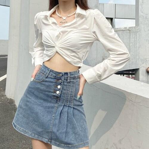 White Long Sleeve Crop T Shirt Sexy Fashion Casual Kink Button Summer T Shirt 2021 Turn Down Collar Open Navel Women T Shirt