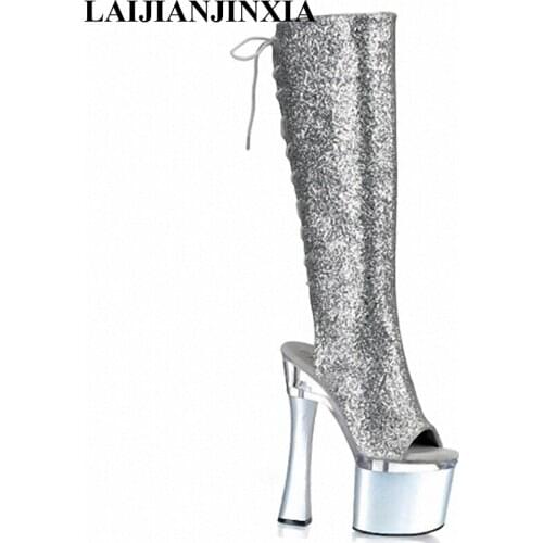 Hot! Fashion knight female platform ladies high heel knee high boots woman open toe shoes glitter pu boots clubbing high heels