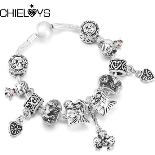 Love Heart Boy & Gril Beads Pendants Charm Bracelet Fit Silver Color Multi-layer Snake Chain Bracelets For Women Jewelry Gift