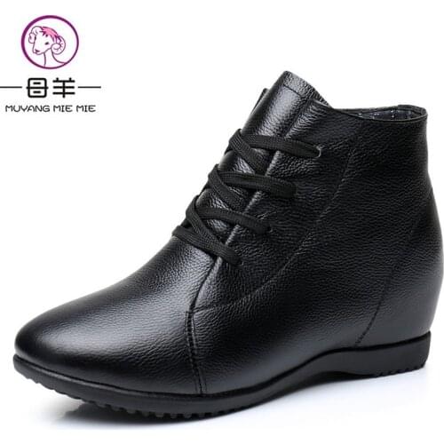 MUYANG 2018 autumn Women Shoes Woman Genuine Leather Wedges Boots Height Increasing Ankle Boots Women Boots Brand Design hot sho