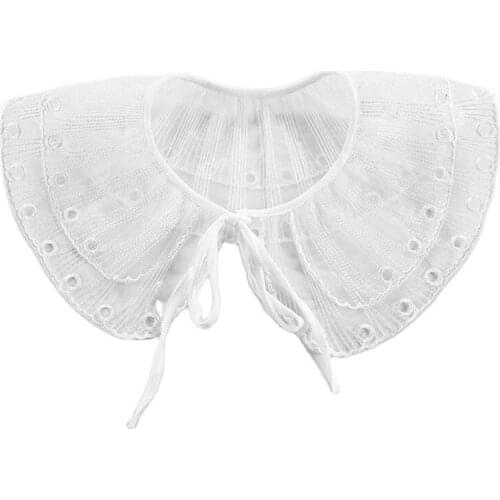 Q1FA Korean Style Women Ribbon Bowknot False Fake Collar Double Layer Hollow Out Lapel Big Shawl Wrap Embroidery Trim Elegant