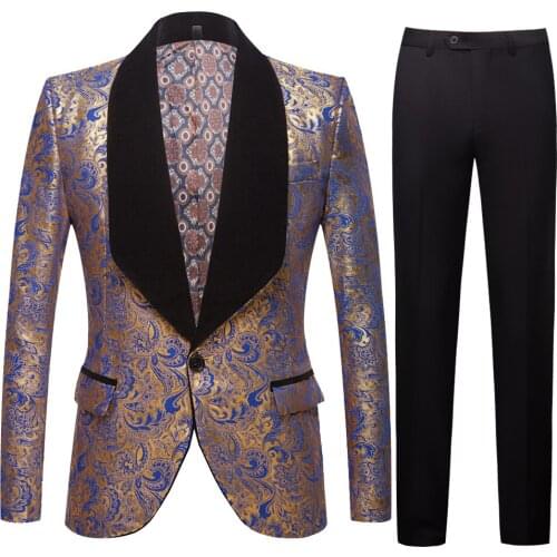 Mens gold plated black collar suit Set Wedding Blue Floral Pattern Slim Fit Party Prom Dress Tuxedo Singers Costume Suit