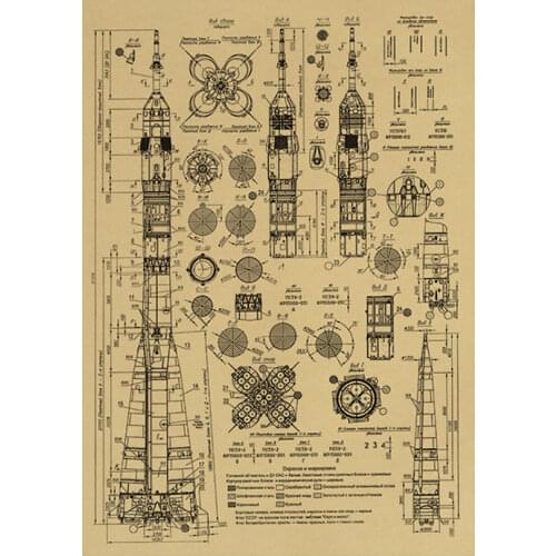 Rocket weapon mechanical design three-view sketch vintage kraft paper poster bar cafe decoration painting wall stickers