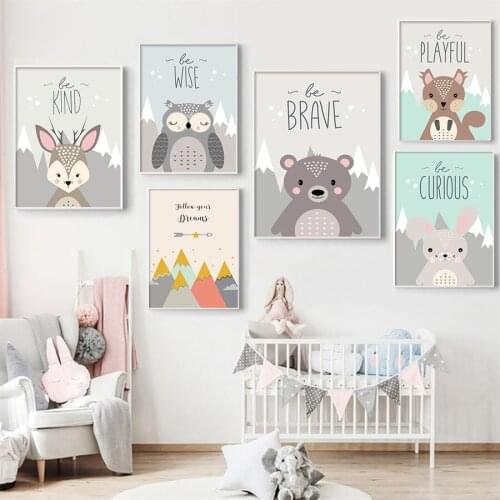 Wild Animal Owl Bear Fox Deer Canvas Poster and Prints Kids Room Wall Art Cartoon Pictures Nursery Bedroom Decorative Painting
