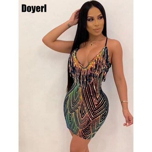 Sexy Backless Sequin Bodycon Dress Women 2021 Fall Deep V Neck Glitter Mini Elegant Dress Autumn Winter Night Club Party Dress