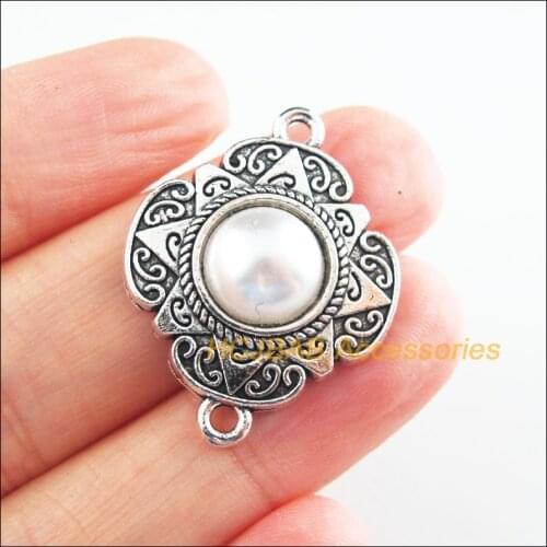 Fashion 8Pcs New Flower Charms Tibetan Silver Tone Retro Heart White Acrylic Connectors 23.5x30mm