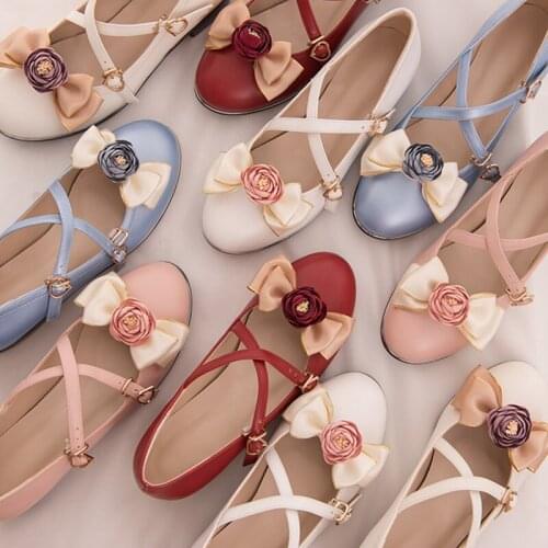 Japanese student sweet lolita shoes vintage round head comfortable women shoes cute bowknot flat heel kawaii shoes loli cos