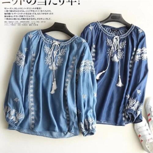 2020 spring and autumn new fashion o-neck denim blouse lace-up embroidered denim shirt tops loose