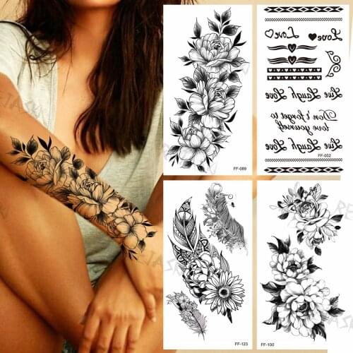 Dahlia Temporary Tattoos For Women Adults Realistic Feather Letter Flora Fake Tattoo Sticker Waterproof Creative Arm Tatoos Show