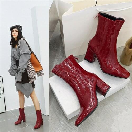 YQBTDL Autumn Winter 2020 Fashion Elegant Womens Shoes Office Patent Stone Plaid Square Toe High Heels Ankle Womens Boots 34-43