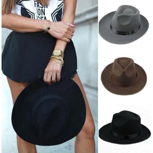 Hot sale solid Vintage Mens Women Hard Felt Cap Wide Brim Fedora Trilby Panama Gangster Hat New