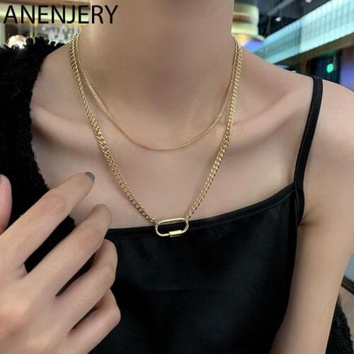 ANENJERY 925 Sterling Silver Paperclip Double Layer Necklace for Women Golden Vintage Clavicle Chain Simply Jewelry Wholesale